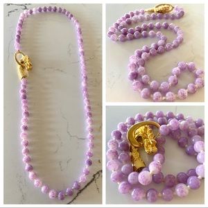 Les Bernard Gold Plated Dragon Head Lavender Purple Beaded Necklace